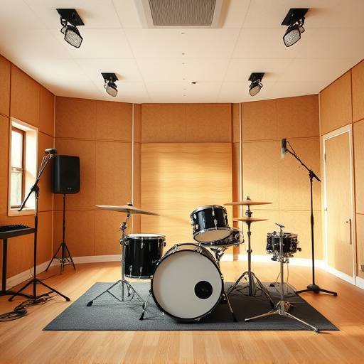 Drum kit set up in a spacious recording room.